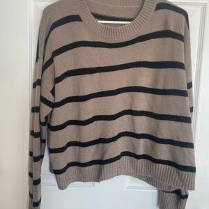 Cropped Neutral Taupe Striped Crewneck Sweater